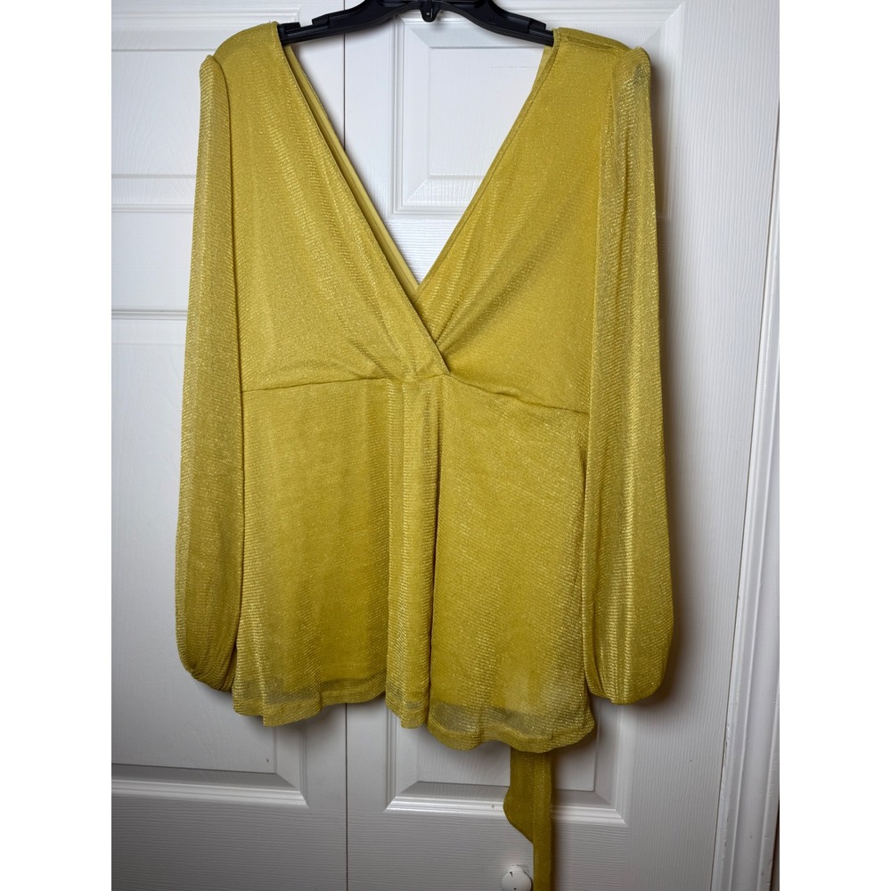 Torrid Yellow Gold Metallic Shimmer Surplice Wrap Tie Back Top Blouse Womens‎ 1